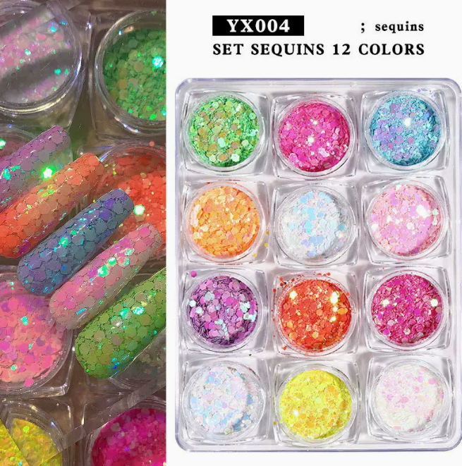 爆款美甲飾品 圓形亮片XY04#（12格瓶裝）