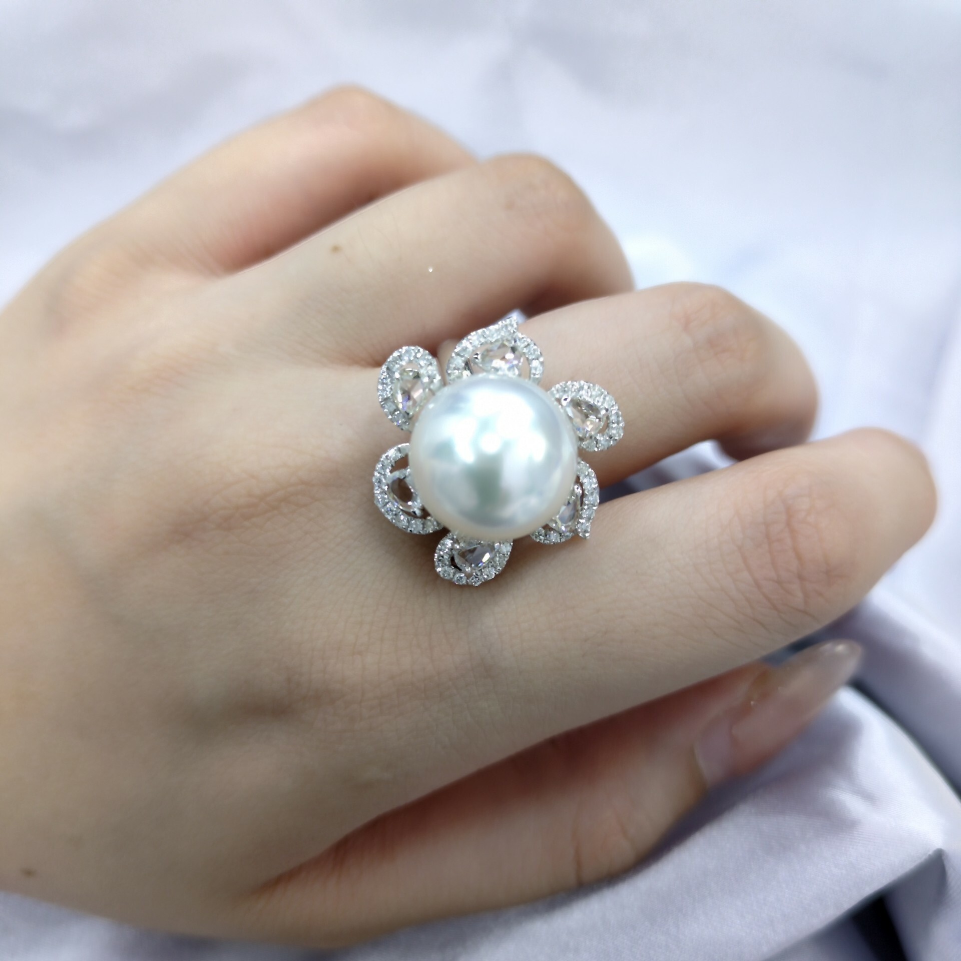 18K White Gold 0.96ct Diamond and Pearl Ring