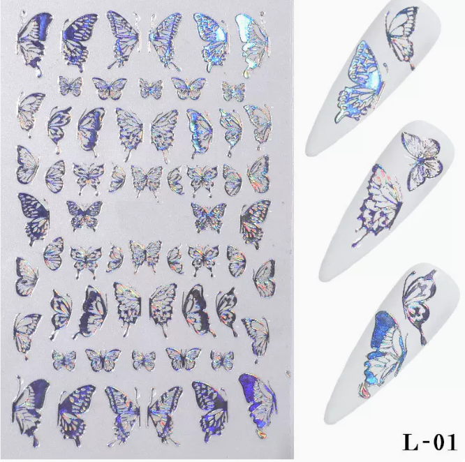 Hot Recommended Nail Art Simulation Thin Butterfly Stickers Laser Silver Butterfly L01