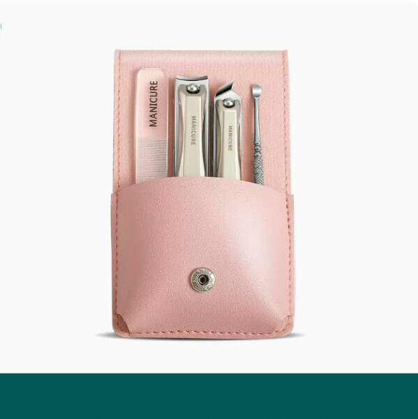 New (four-piece set) nail clipper anti-splash tool set (pink nail clipper + diagonal scissors + ear pick + glass rub)
