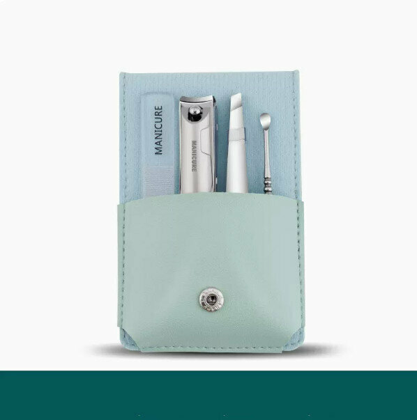 New (four-piece set) nail clipper anti-splash tool set (green nail clipper + glass rub + ear scoop + eyebrow clip)