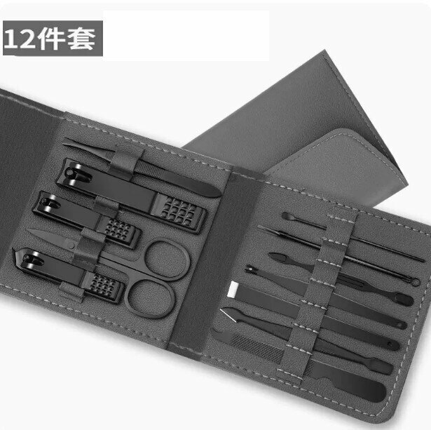 新款（12件套）高檔指甲剪修甲工具套裝（灰色）