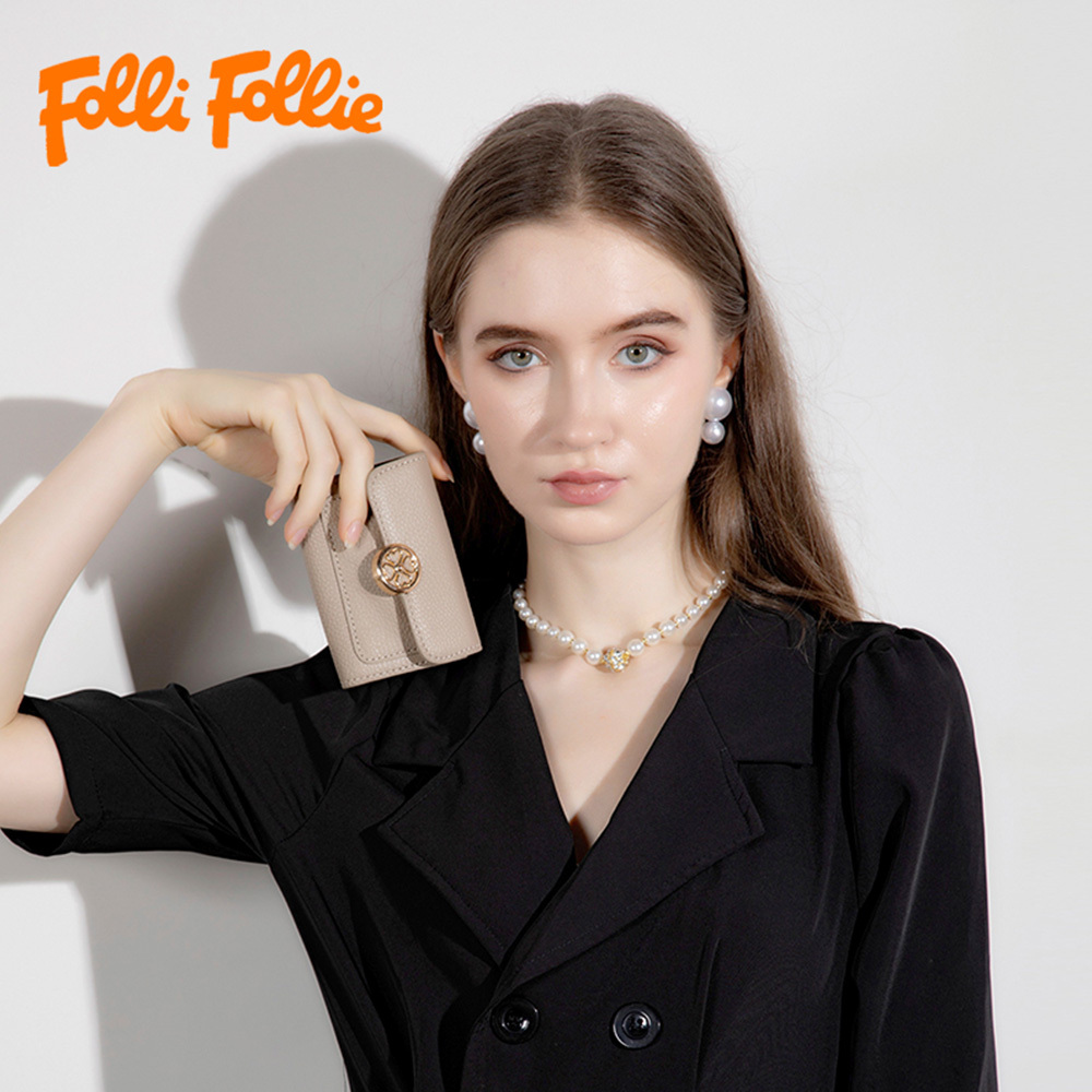 【Folli Follie 芙麗芙麗】 牛皮風琴卡包 四葉草 磁吸扣