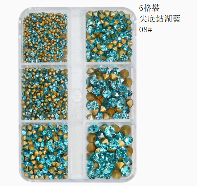 Hot Recommended Nail Art Accessories Pointed Bottom Diamond Lake Blue 6-Gate Pack (No. 08)