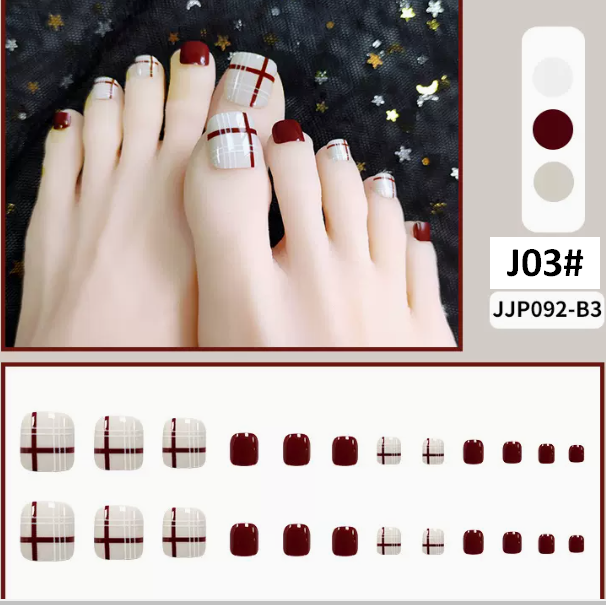熱推美甲  腳趾穿戴甲-印刷酒紅格子（膠水款J03#）