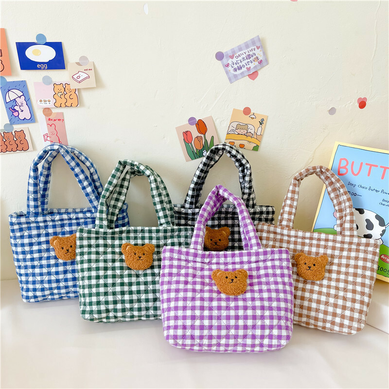 《4784》韓國小熊可愛熊頭格子雙用小包包