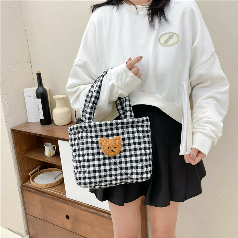 《4784》韓國小熊可愛熊頭格子雙用小包包