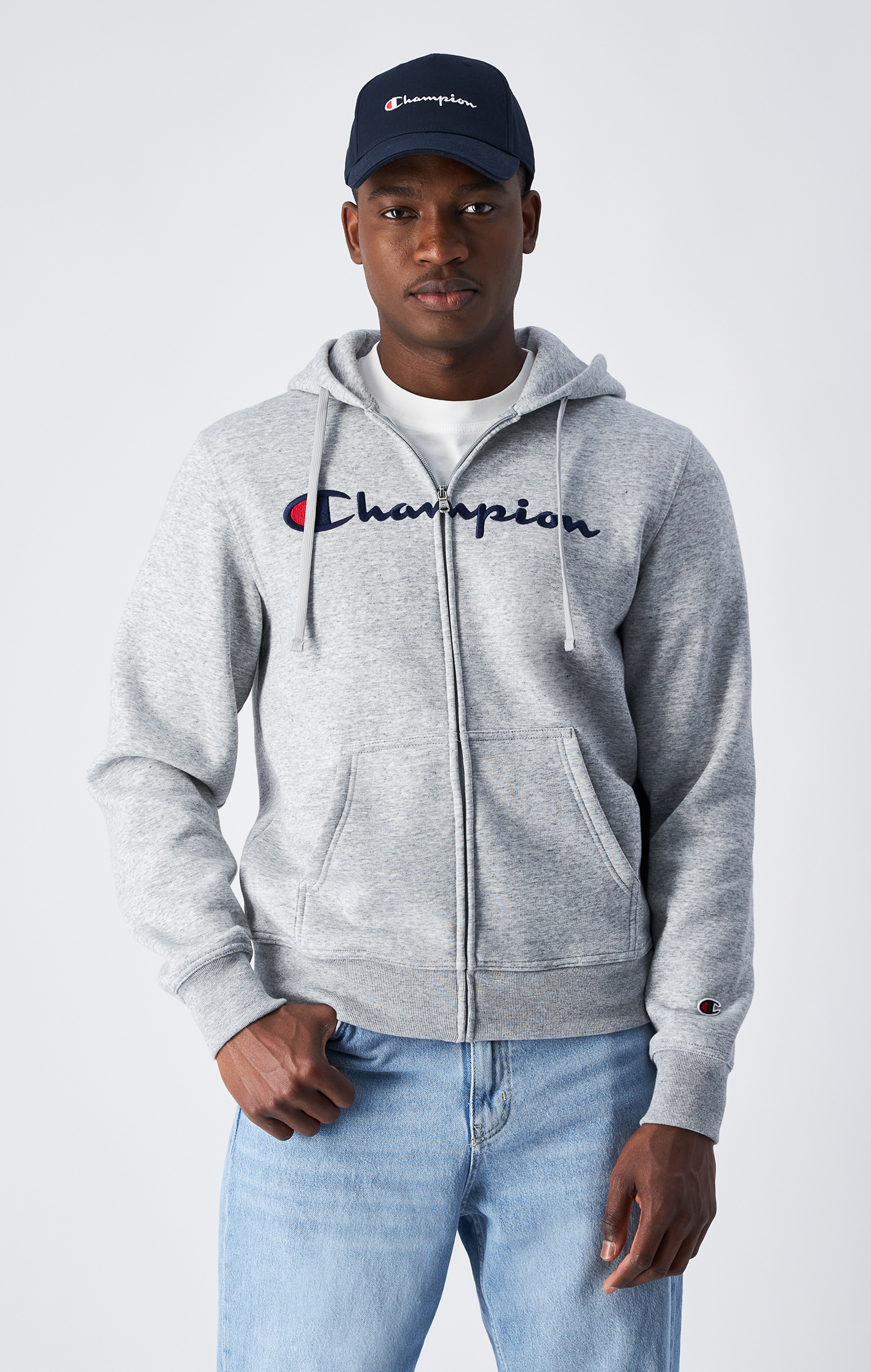 男款 -經典草寫刺繡連帽夾克-灰色（220255-EM021）