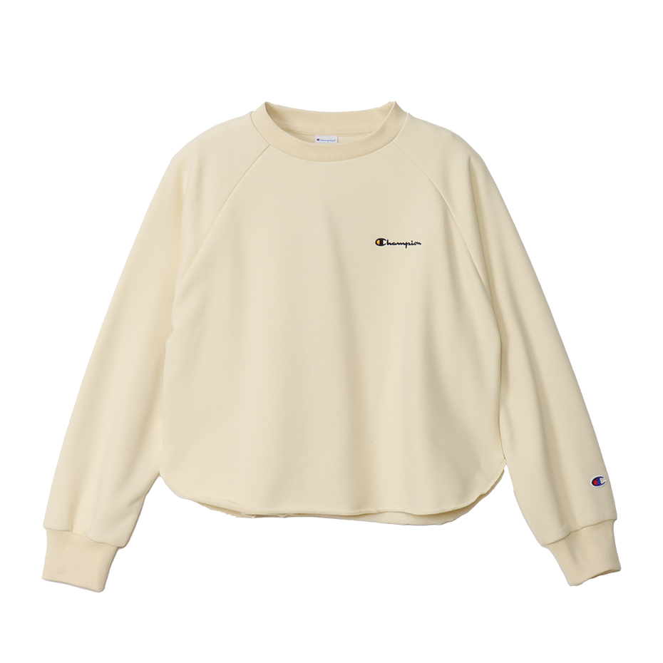 女款 -不收邊圓弧下擺 圓領長袖大學T-米色（CW-A008-020）