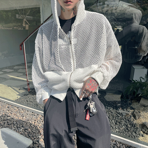 (韓國獨家特價)泡泡袖網眼連帽外套