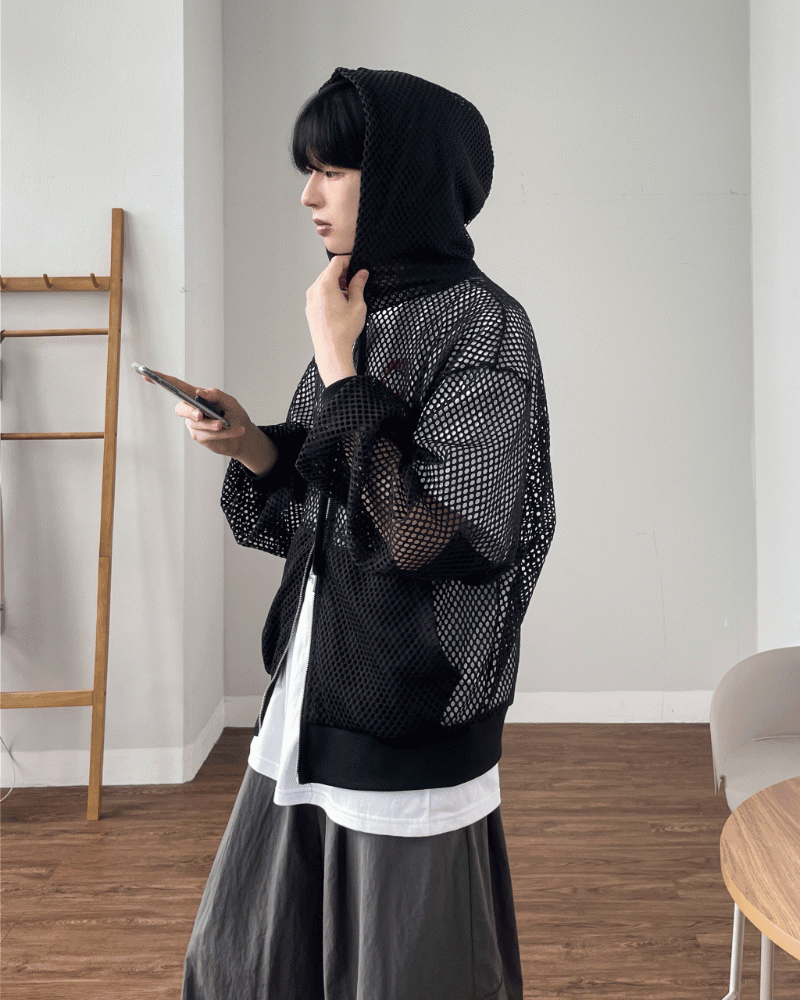 (韓國獨家特價)泡泡袖網眼連帽外套