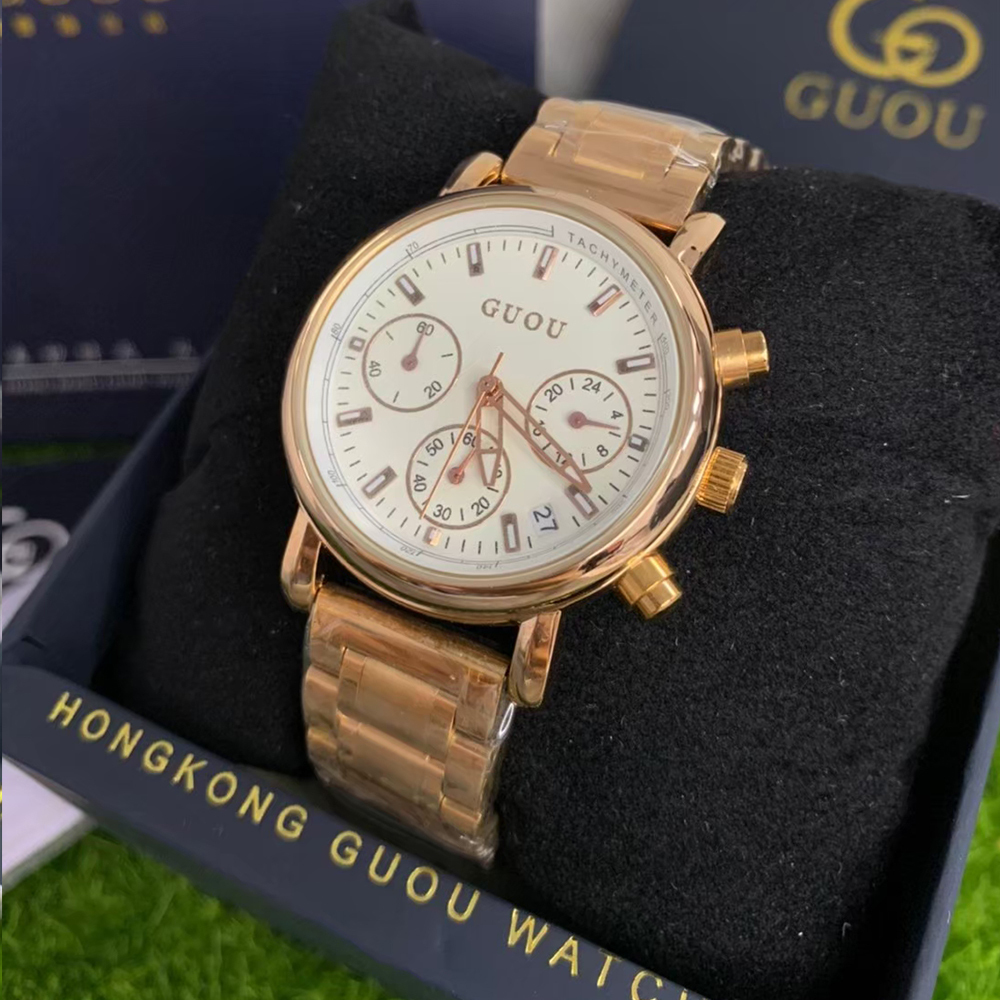 【Guou 古歐】真三眼 帶日期 熊貓款 玫瑰金框 不鏽鋼腕錶