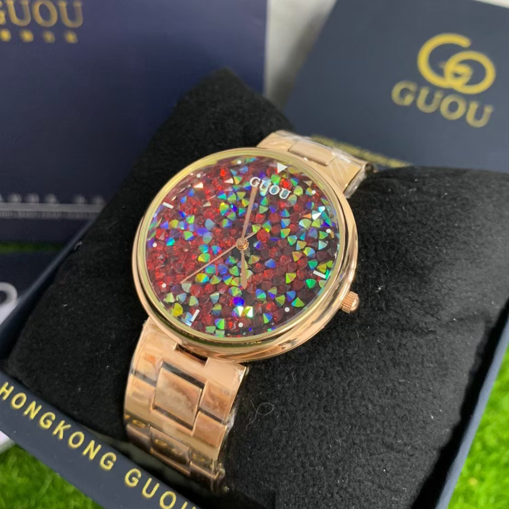 【Guou 古歐】閃爍錶盤 玫瑰金框 不鏽鋼腕錶