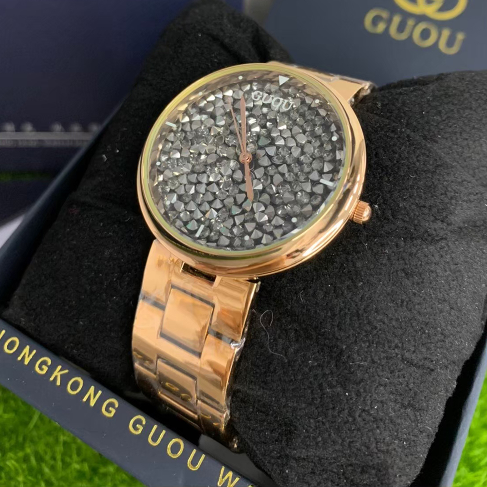 【Guou 古歐】閃爍錶盤 玫瑰金框 不鏽鋼腕錶