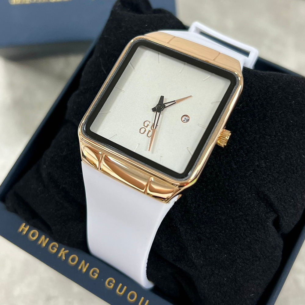 【Guou 古歐】GUO-8161G 帶日期 方形金框 時尚簡約錶盤 親膚矽膠 腕錶