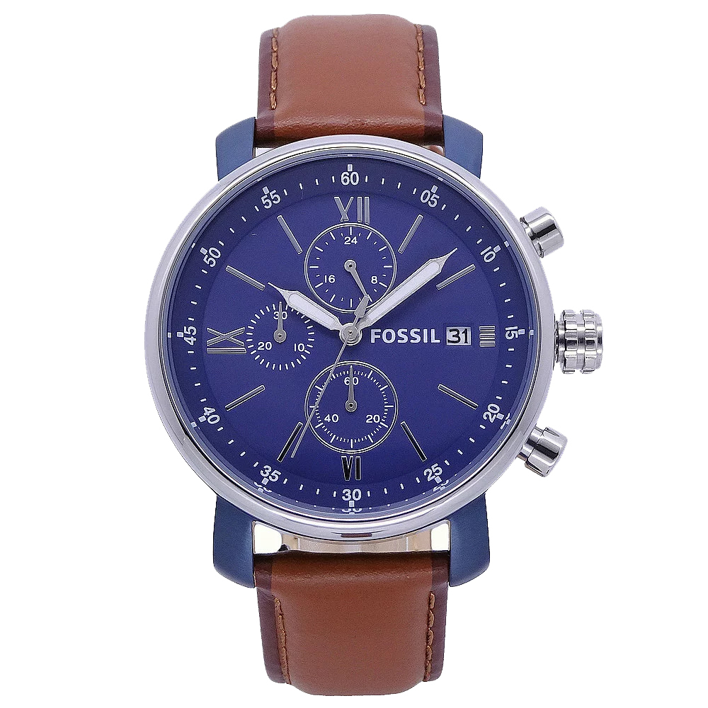 【FOSSIL】BQ2163 經典 雅仕 羅馬數字 銀藍 三眼 計時 皮革 石英錶