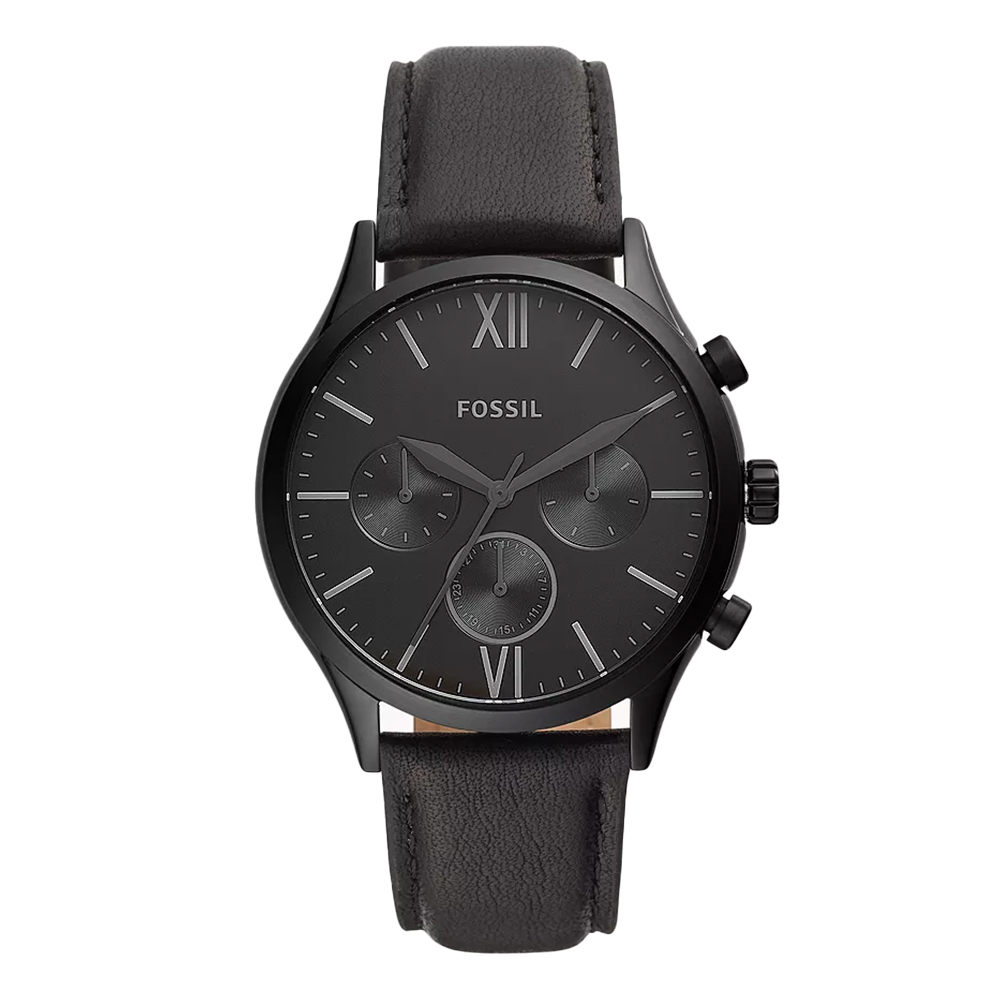 【FOSSIL】BQ2364 三眼 計時 全黑 經典 雅仕 羅馬數字 皮革 石英錶