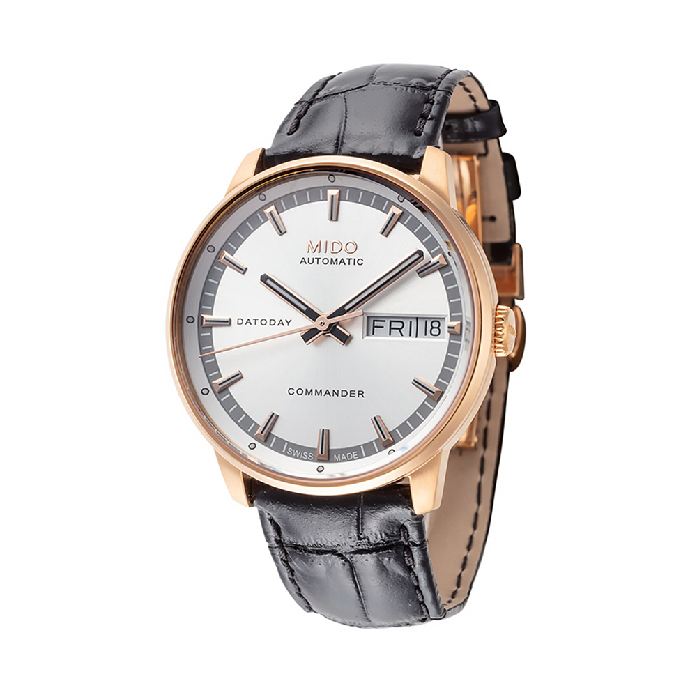 【MIDO 美度】Commander 香榭系列 M0162303603100 星期日期 自動機芯 三針夜光真皮 白金色 腕錶 手錶 33mm