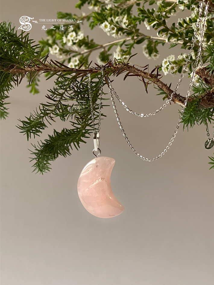 LOVE 新月玫瑰石粉水晶純銀項鍊 - 光之薩滿