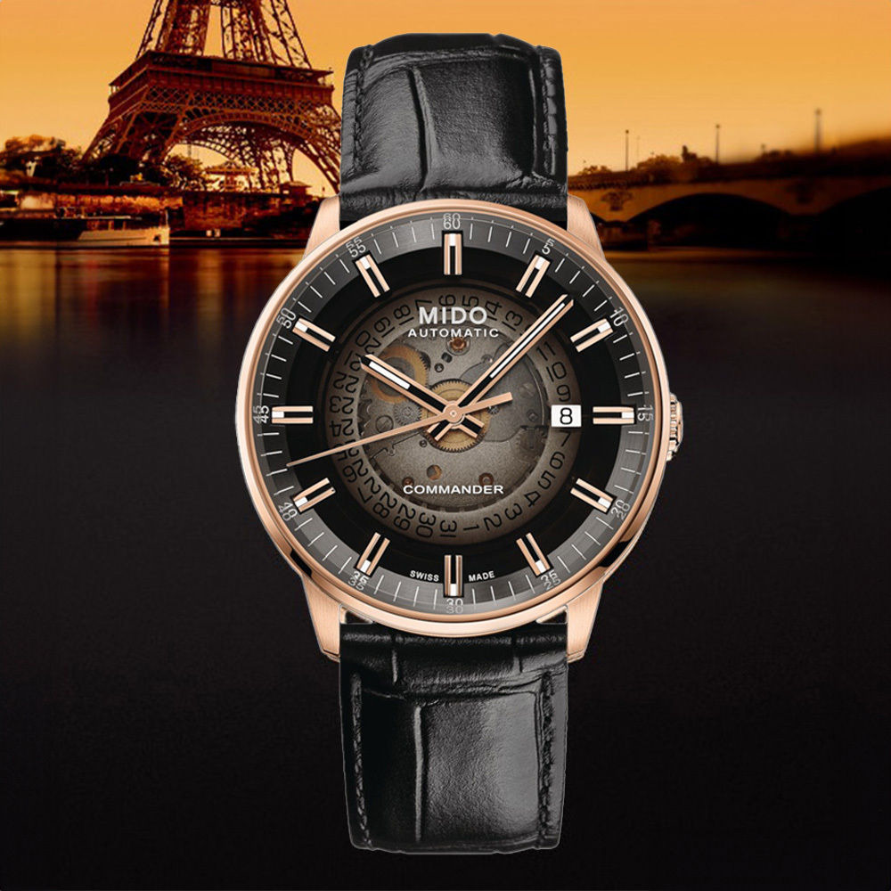 【MIDO 美度】Commander香榭系列 M0214073641100 漸層透明 鏤空 夜光 日期顯示 自動機械 牛皮錶帶 手錶