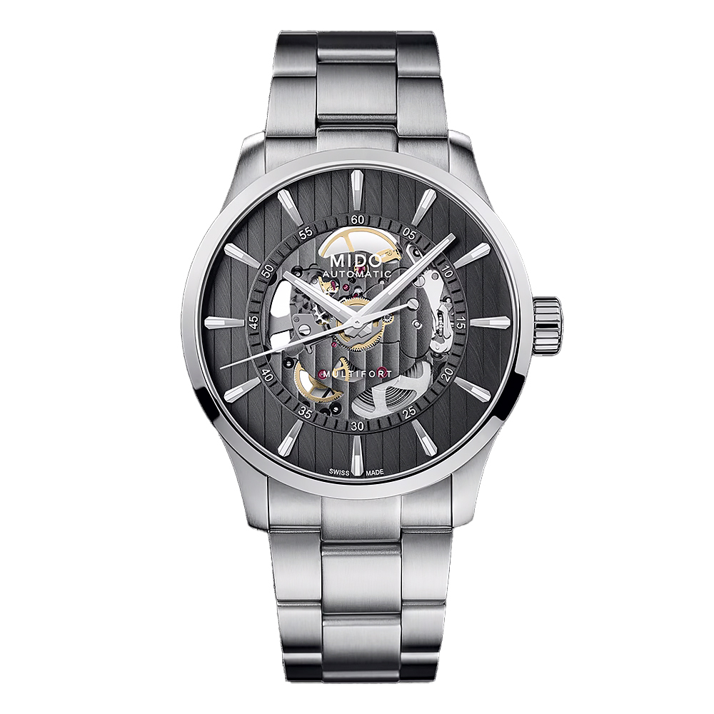 【MIDO 美度】Multifort 先鋒系列 M0384361106100 銀灰 瑞士復古商務紳士質感鏤空夜光 淚之女王 金秀賢 不鏽鋼 手錶