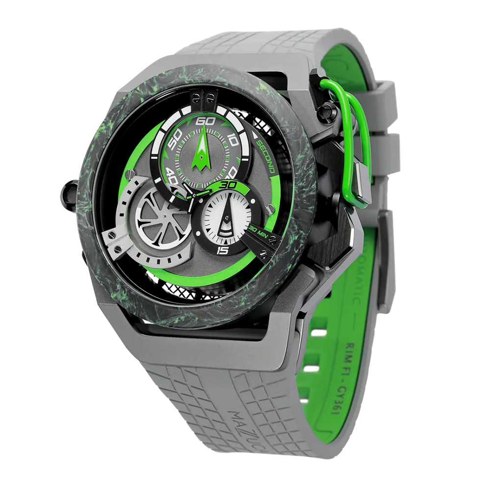 (預購)【Mazzucato】F1-GY361 開闔式錶框 翻轉式錶面 三針 自動上鍊 黑鍛造碳纖維錶框 防眩光 雙面 雙色 氟化橡膠 錶帶