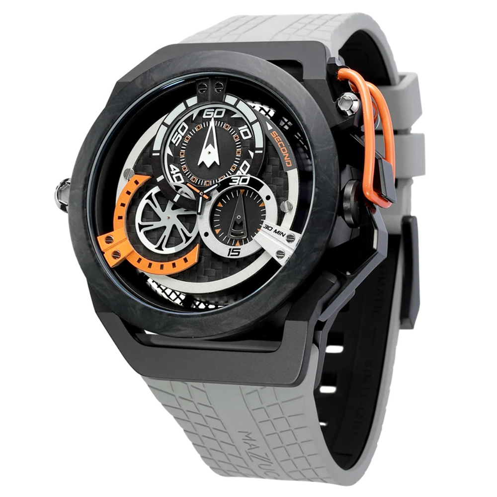 (預購)【Mazzucato】F1-GYBLK 開闔式錶框 翻轉式錶面 三針 自動上鍊 黑鍛造碳纖維錶框 防眩光 雙面 雙色 氟化橡膠 錶帶