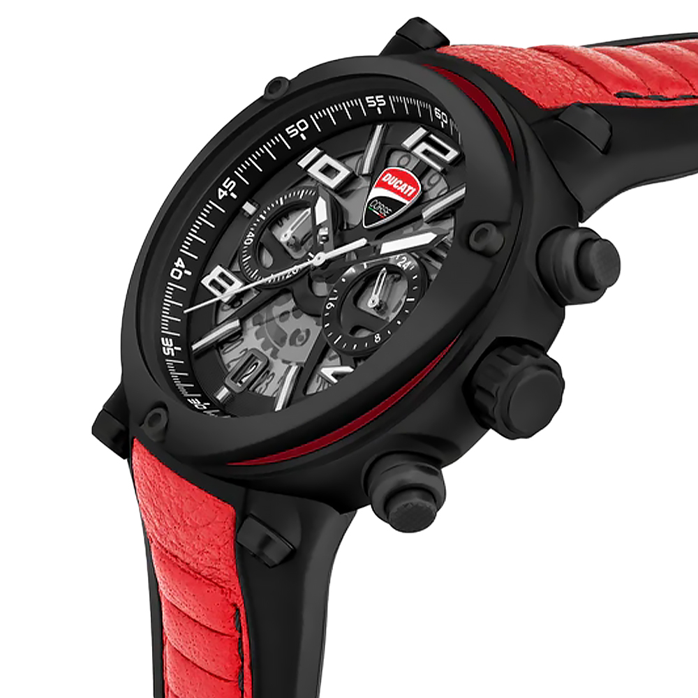 【Ducati 杜卡迪】重機王者 Partenza 啟程系列 DTWG00000201 黑紅 運動型 雙眼計時 速度 日期 真皮PU 手錶