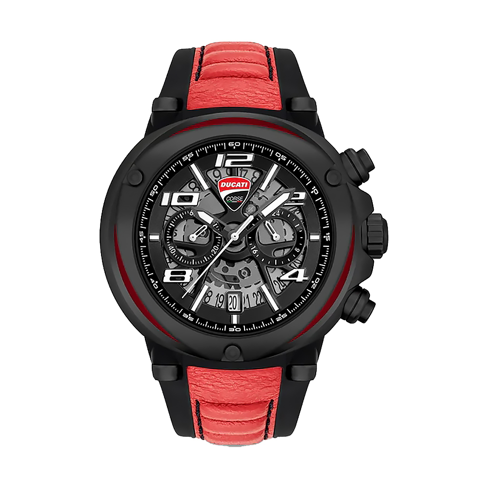【Ducati 杜卡迪】重機王者 Partenza 啟程系列 DTWG00000201 黑紅 運動型 雙眼計時 速度 日期 真皮PU 手錶
