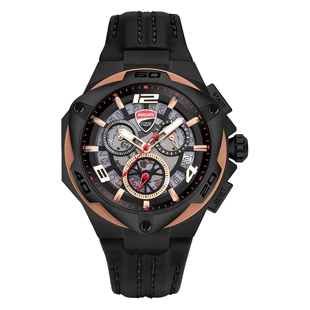 【Ducati 杜卡迪】重機王者 Motore 馬達系列 DTWGC0000303 玫瑰黑 型男 速度 賽車 真三眼 日期 運動型 真皮 手錶