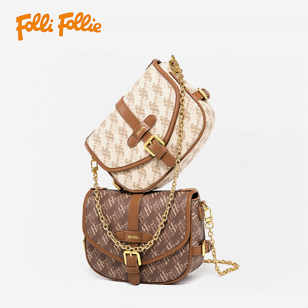 【Folli Follie 芙麗芙麗】SB23PYP023GR 質感 復古 氣質 優雅 老花 皮革 肩背包 馬鞍包