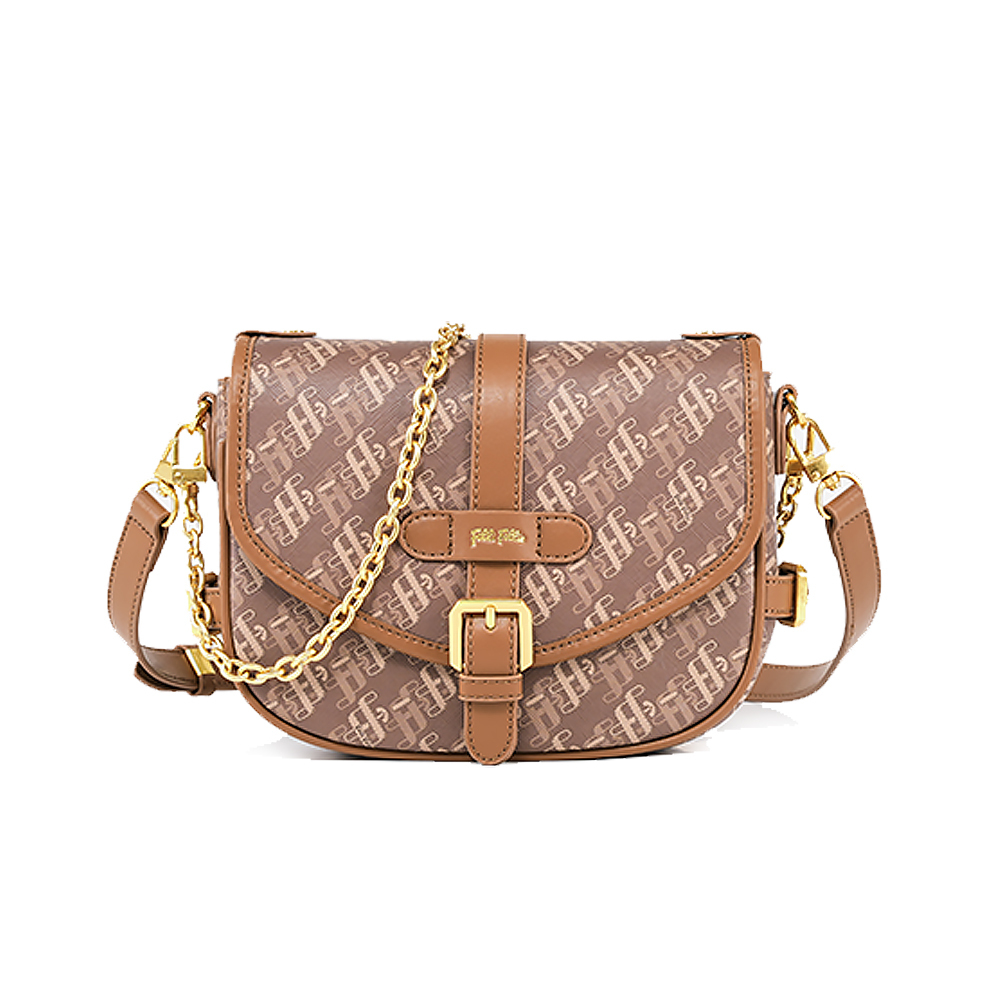 【Folli Follie 芙麗芙麗】SB23PYP023GR 質感 復古 氣質 優雅 老花 皮革 肩背包 馬鞍包