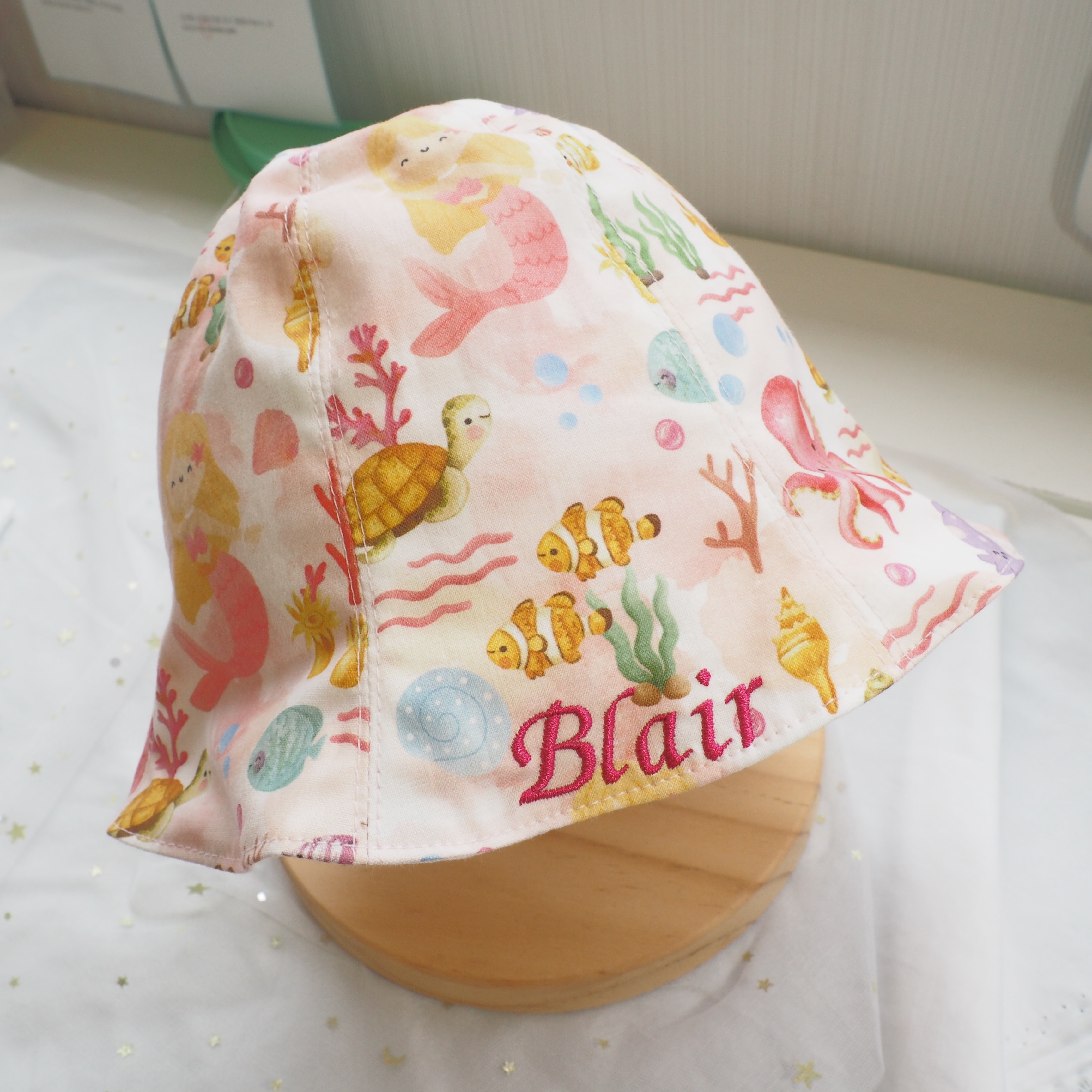 粉紅美人魚圖案 純棉布嬰兒帽
