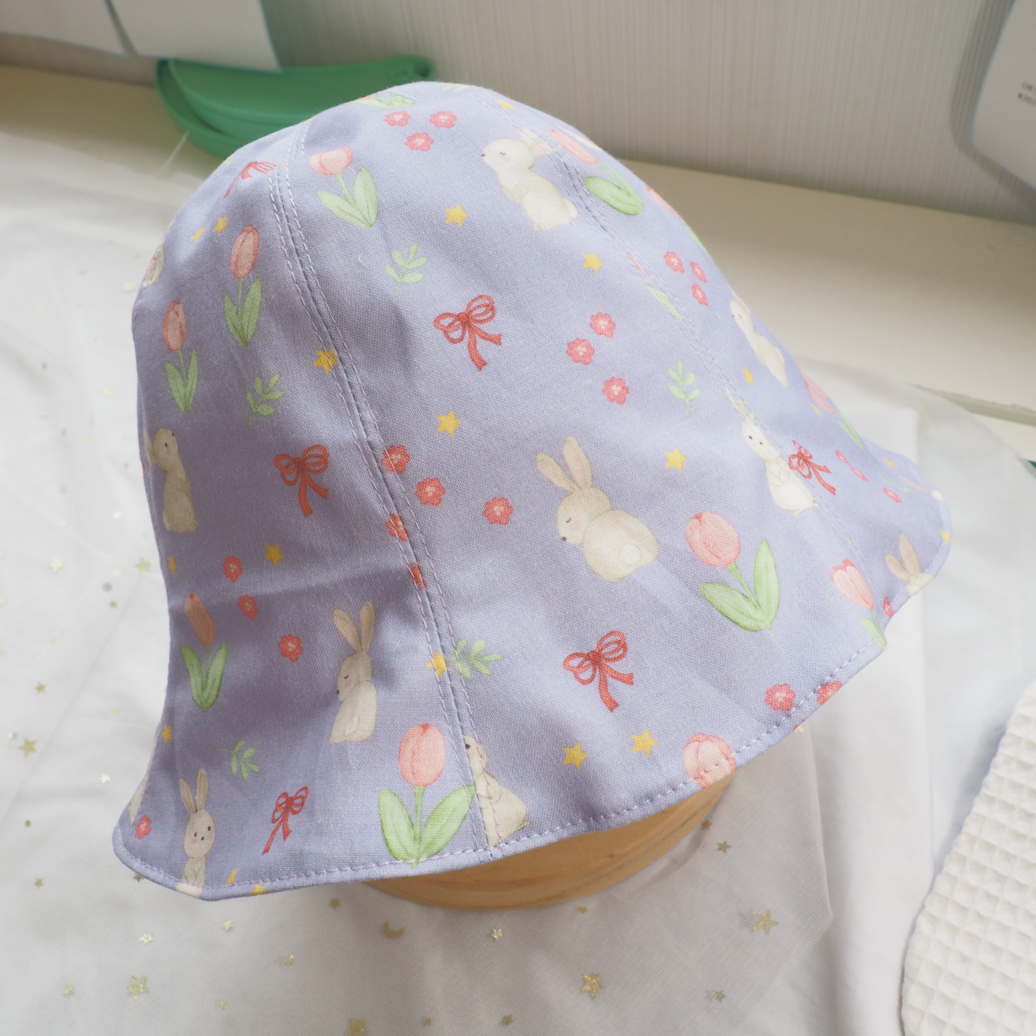 紫色鬱金香兔兔圖案 純棉布嬰兒帽