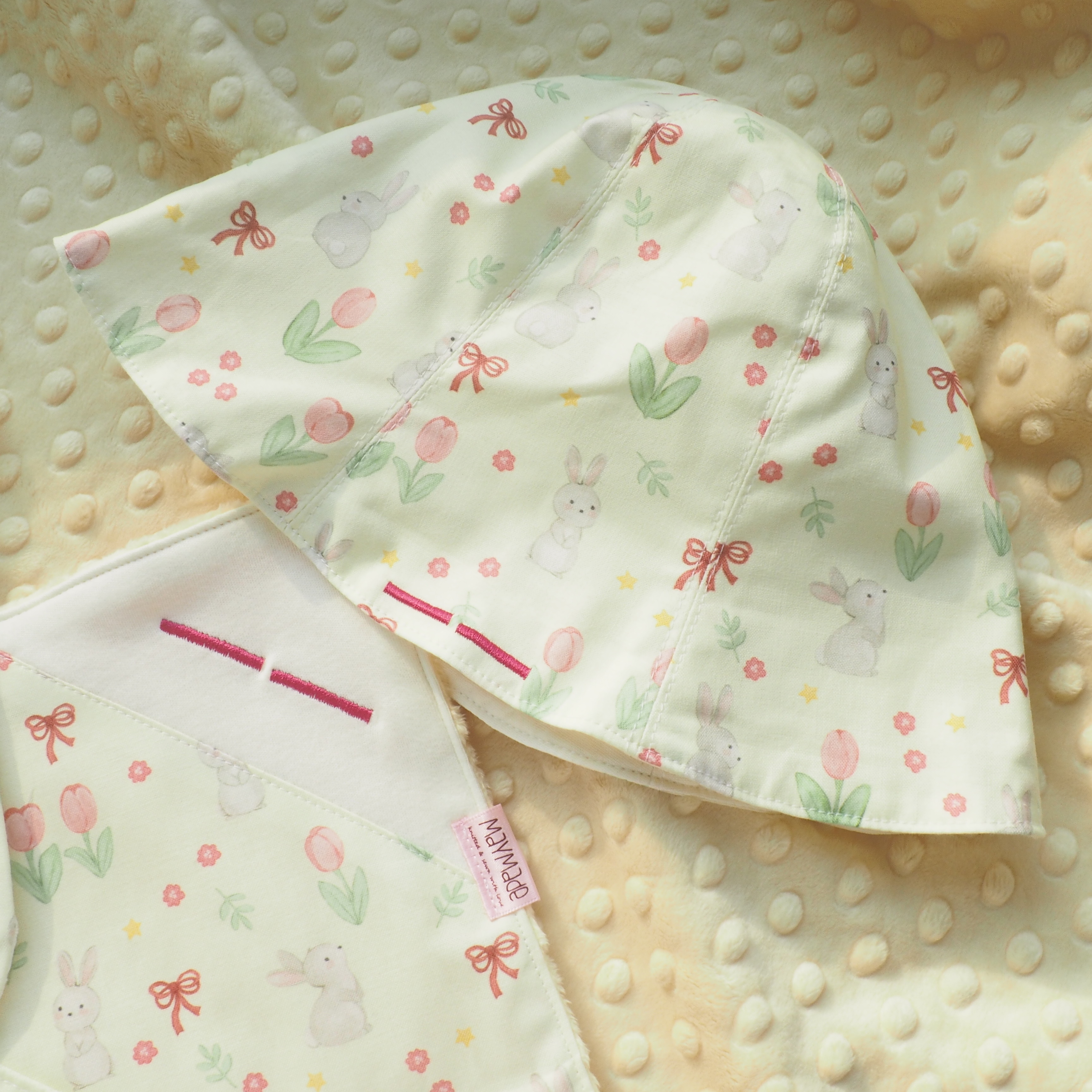 黃色鬱金香兔兔圖案 純棉布嬰兒帽