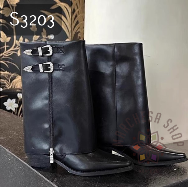 S3203 - 全真皮小羊皮反摺二字扣尖頭潤身高踭中靴