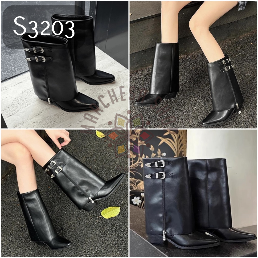 S3203 - 全真皮小羊皮反摺二字扣尖頭潤身高踭中靴