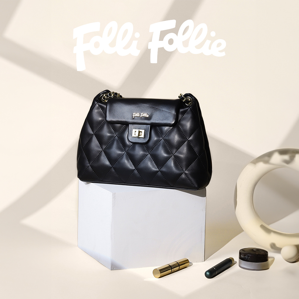 【Folli Follie 芙麗芙麗】SB23FLP008BK 休閒 時尚 牛皮 菱格 鏈帶 兩用包 側背包 手提 肩背