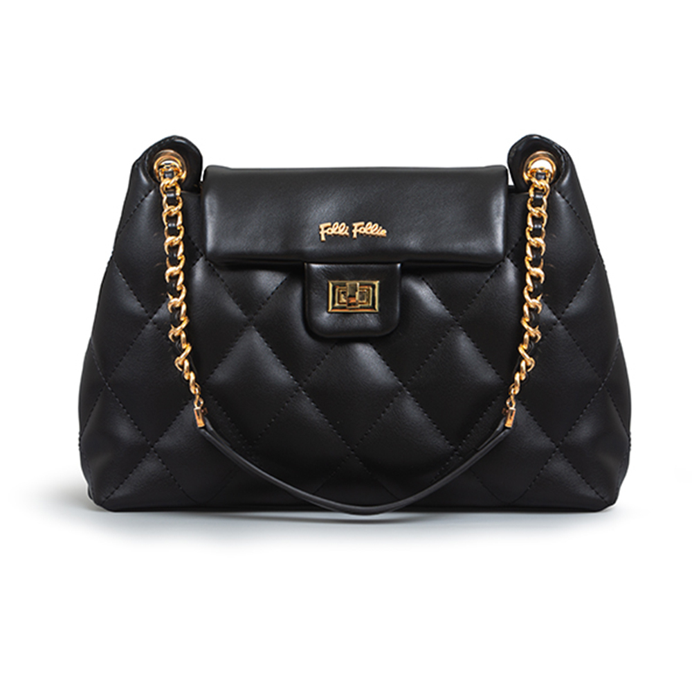 【Folli Follie 芙麗芙麗】SB23FLP008BK 休閒 時尚 牛皮 菱格 鏈帶 兩用包 側背包 手提 肩背