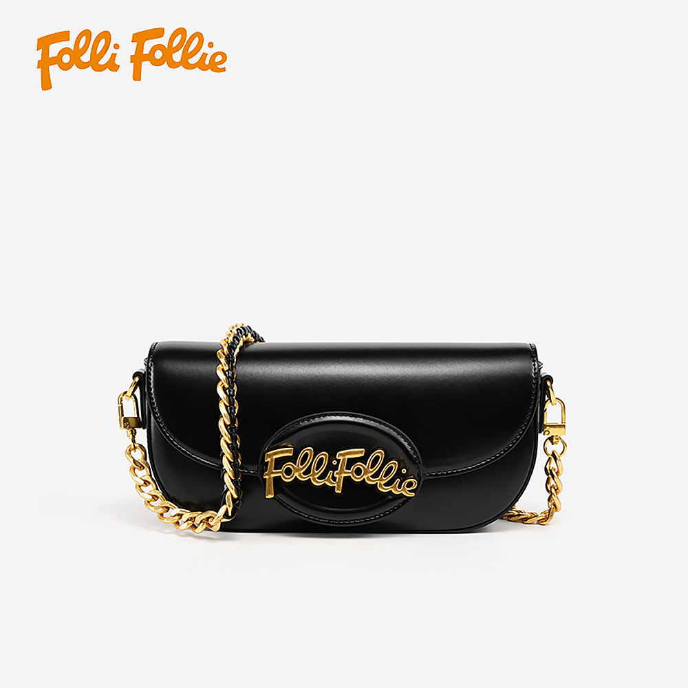 【Folli Follie 芙麗芙麗】SB24PYP004 夜黑 復古 商務 都市 氣質 優雅 皮革 法棍包 手拿包 肩背包