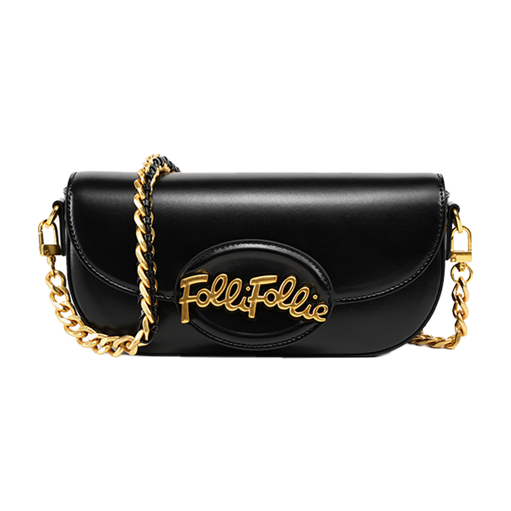 【Folli Follie 芙麗芙麗】SB24PYP004 夜黑 復古 商務 都市 氣質 優雅 皮革 法棍包 手拿包 肩背包