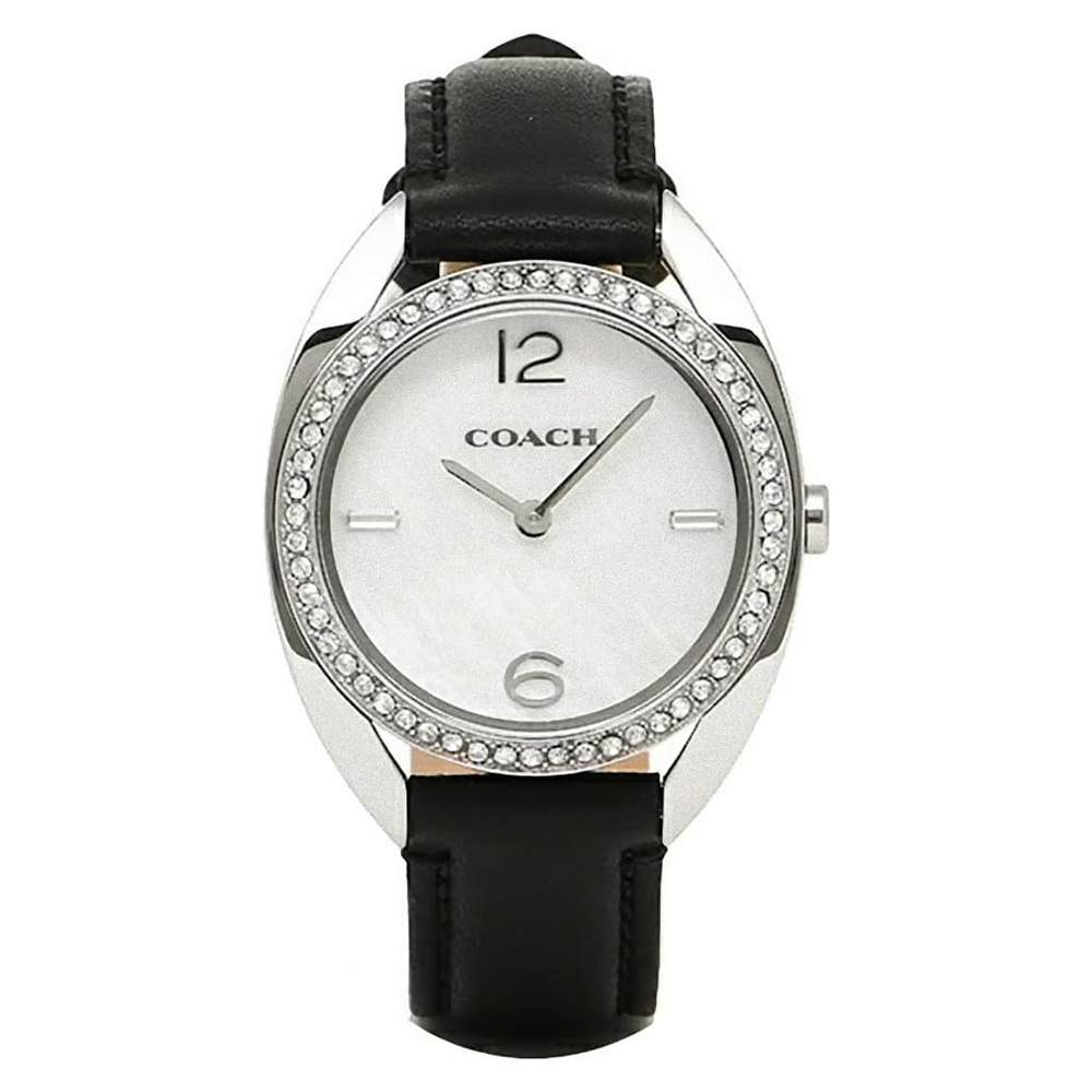 (預購)【COACH 蔻馳】14502029 優雅 奢華 黑白配 珍珠母貝錶盤 晶鑽錶圈 皮革 女款 石英錶