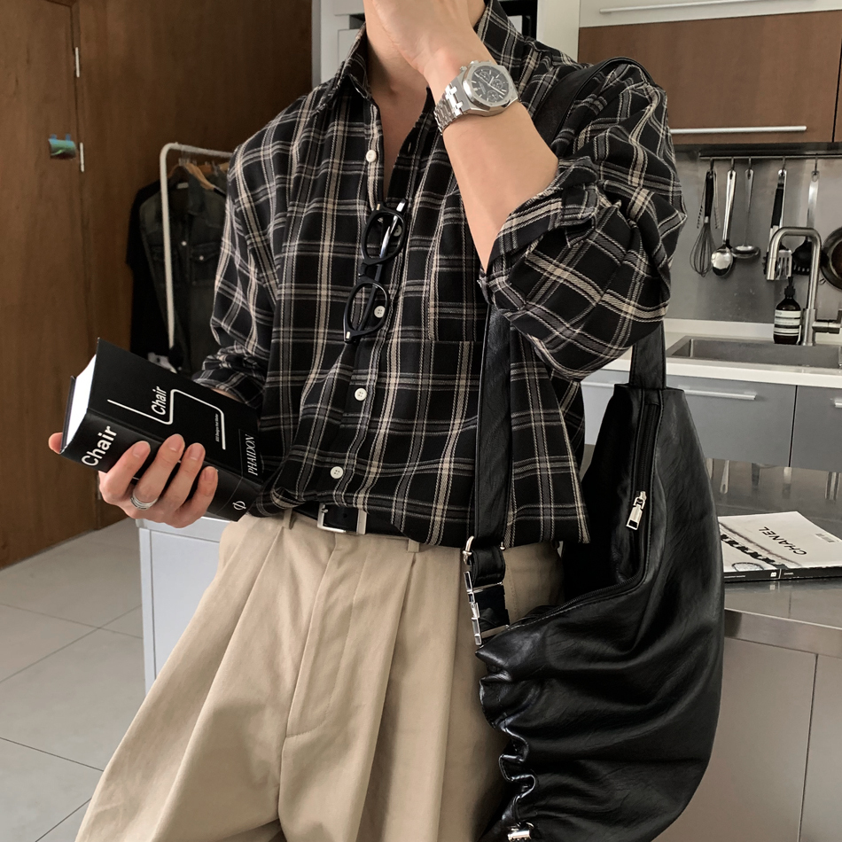 單口袋百搭格紋襯衫