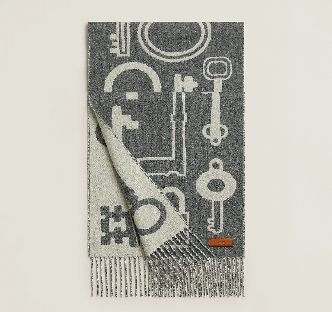 HERMES Casaque Porte-Clefs muffler flanelle / ivoire (GRIS)  頸巾 圍巾