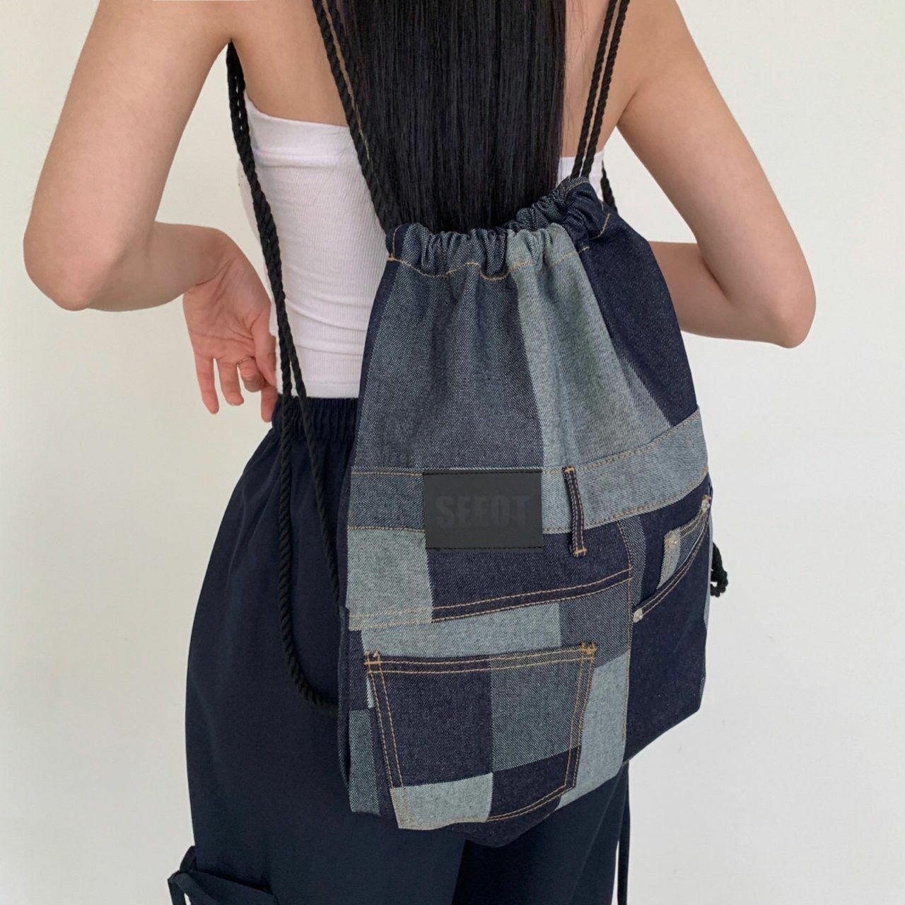 拼色牛仔索口背囊 Seeot-001B