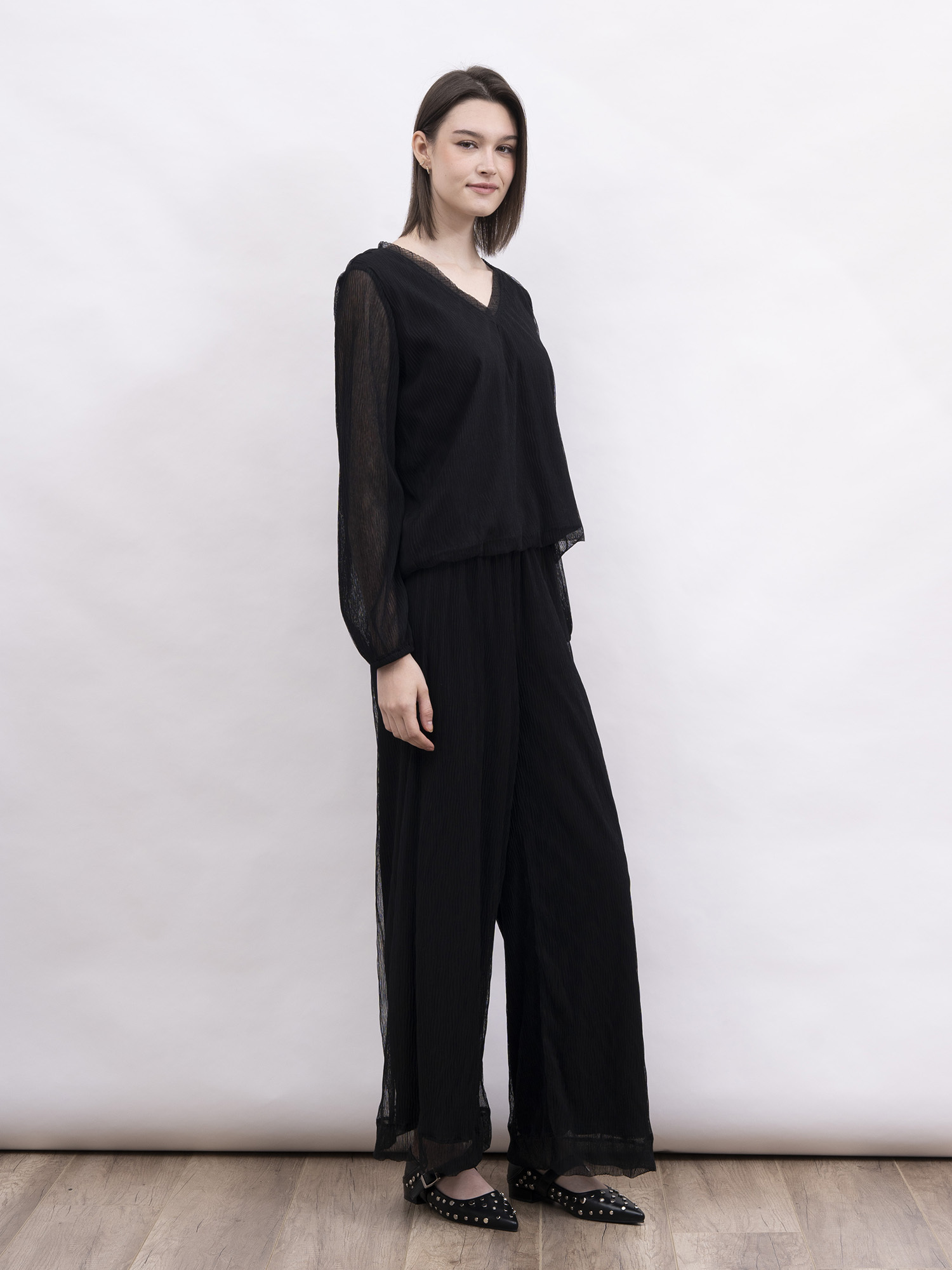 mi-tu 網紗壓褶長褲