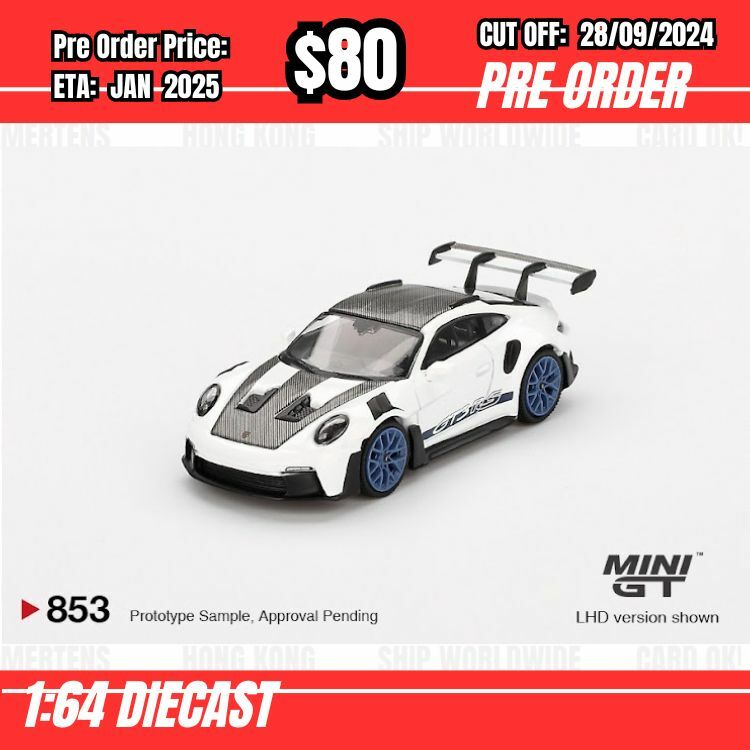 PO-$80 * Mini GT * 1:64 #853 Porsche 911 (992) GT3 RS Weissach Package White with Indigo Blue RHD [OD13/09]