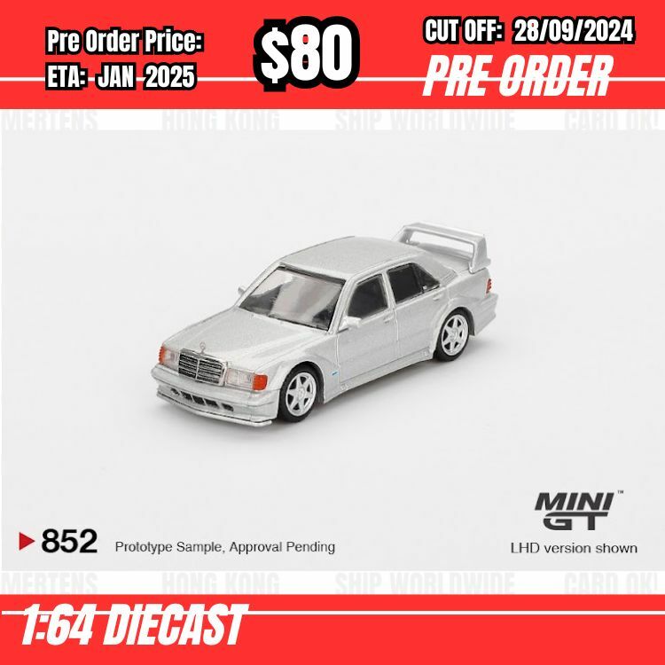PO-$80  * Mini GT * 1:64 #852 Mercedes-Benz 190E 2.5-16 Evolution II Astral Silver  LHD [OD13/09]