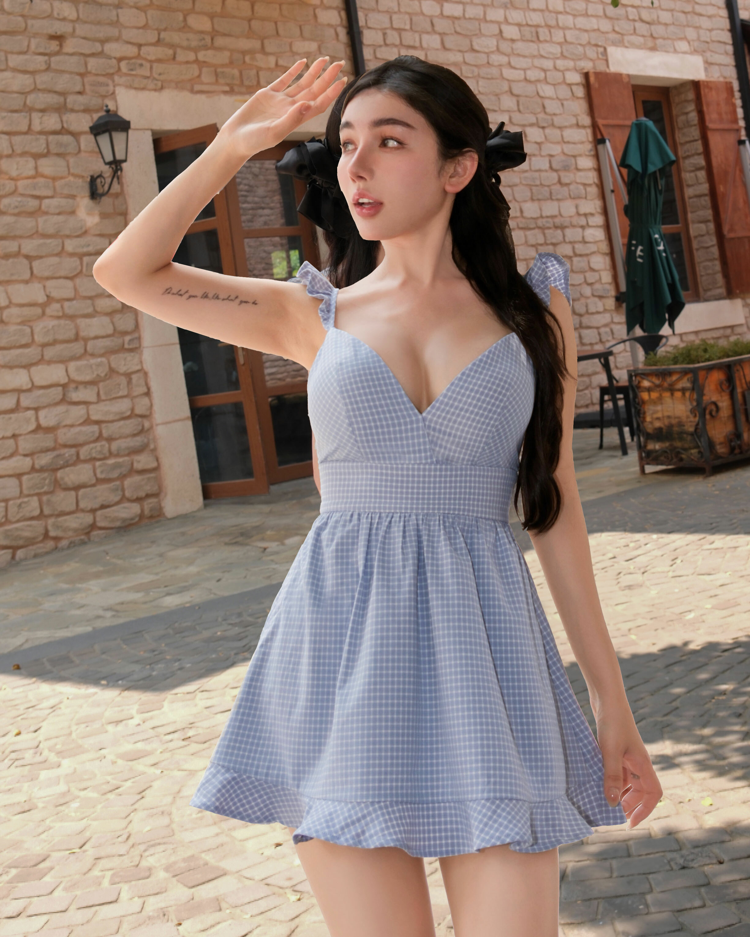 ⭒訂製-甜美格紋美背荷葉傘洋