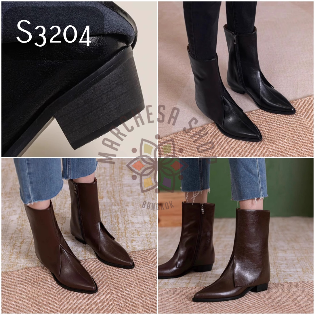 S3204 - 全真皮小羊皮反摺尖頭低踭短靴